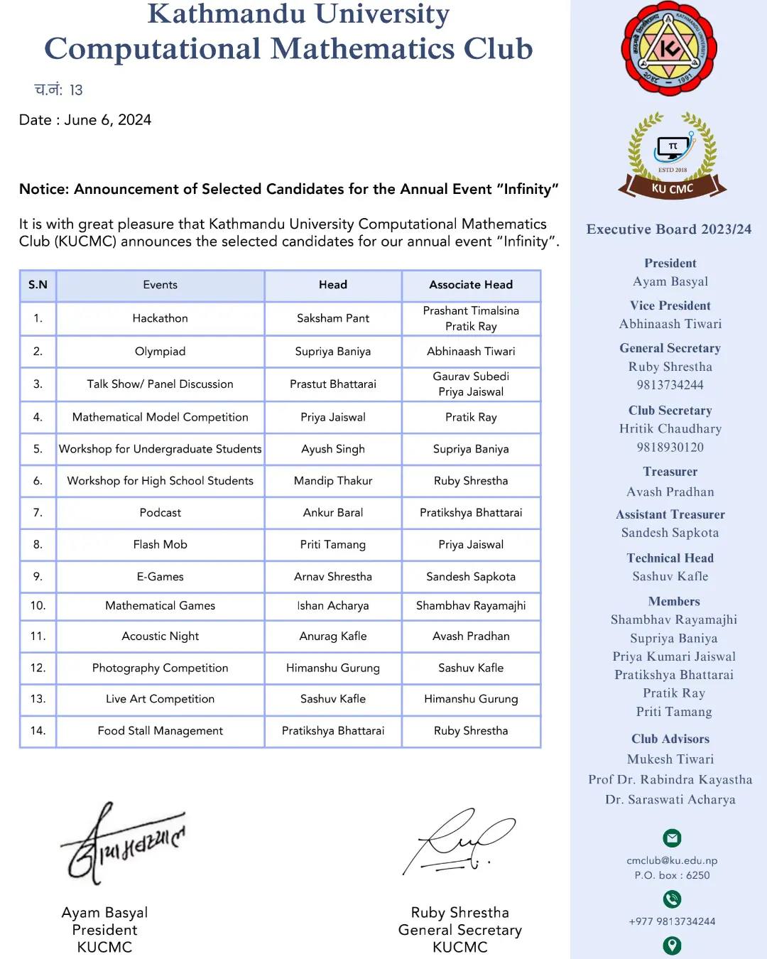 Announcement of selected candidates for Infinity